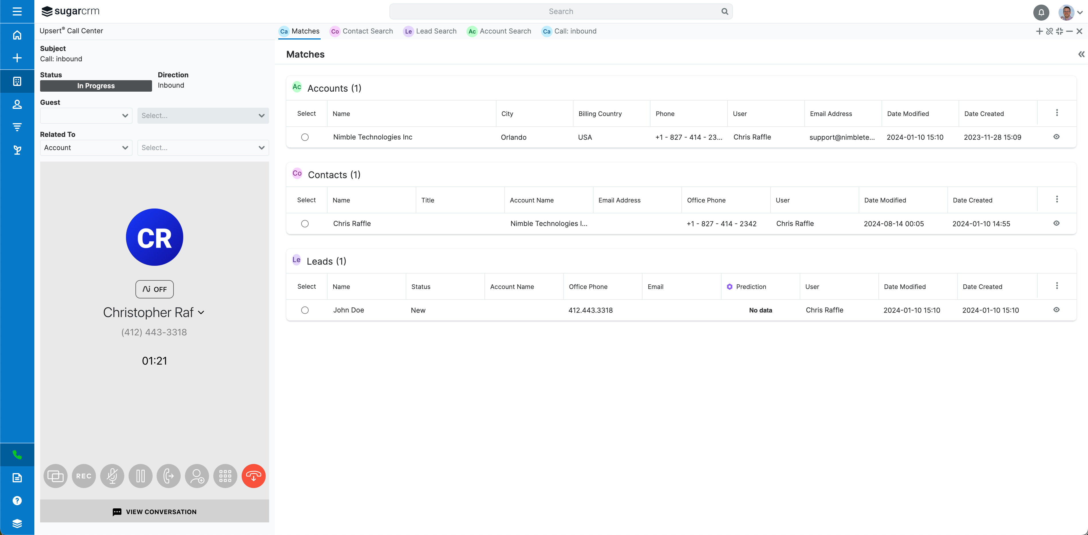 Inbound call user experience showing multiple matches based on caller's phone number